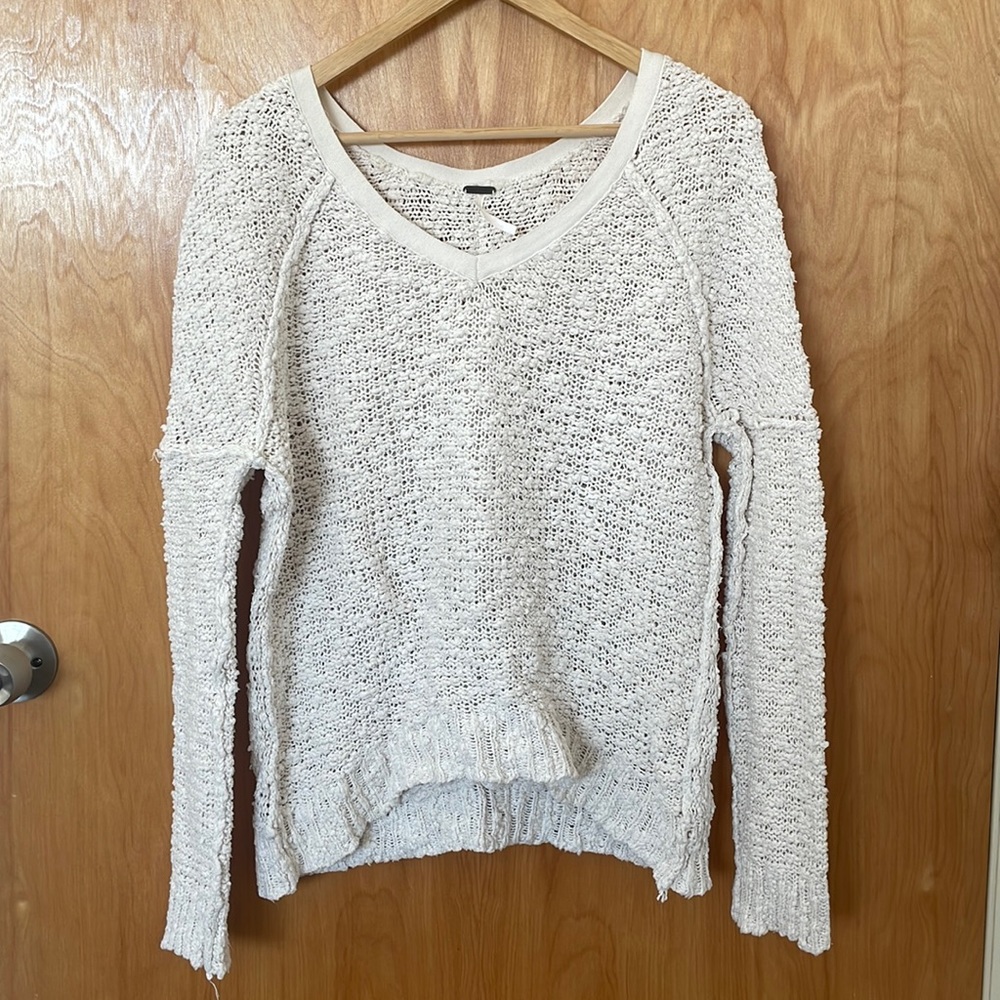 Free People Cotton Blend Sweater Drop Shoulder Hem V-Neck Pullover